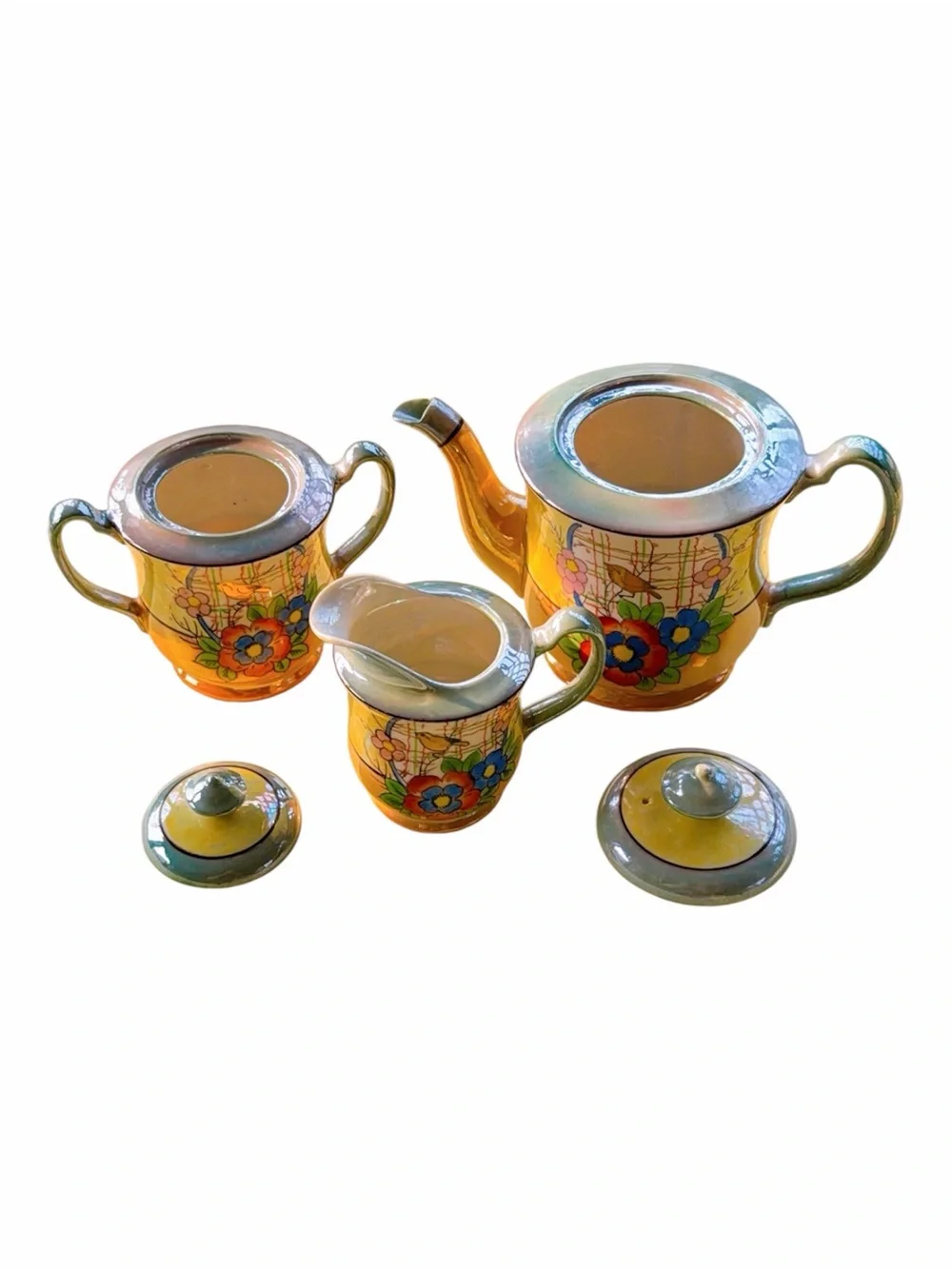 Vintage hand painted Japan lusterware tea set teapot,sugar y creamer bird floral